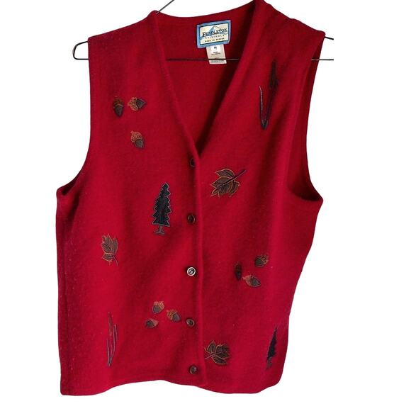 Pendleton Sweaters - Vintage Pendleton Red Wool Vest Embroidered Pine Trees Acorns Fall 90s Medium